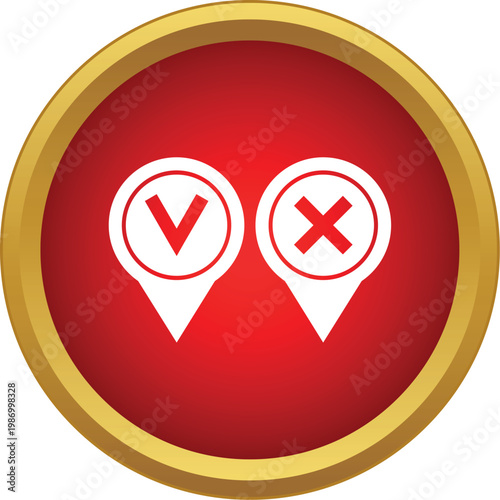 Two white map pins featuring a red check mark and a red cross mark