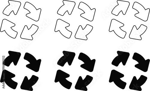 Set of circular rotation arrow icons in outline and solid black styles representing recycling synchronization continuous process loading refresh and environmental sustainability concepts, 23 words.