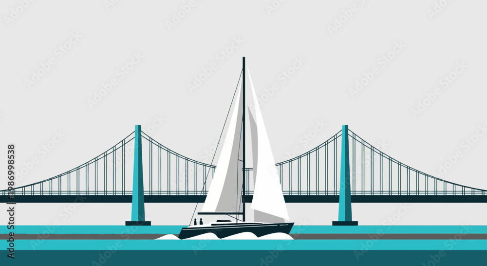 Fototapeta premium Sailing Yacht Navigates Under Iconic Suspension Bridge