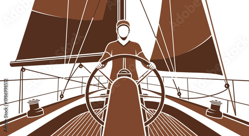 Sailing Yacht Captain At Helm Steering On Open Ocean Waters