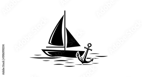 Sailing Vessel And Nautical Anchor On Water Surface