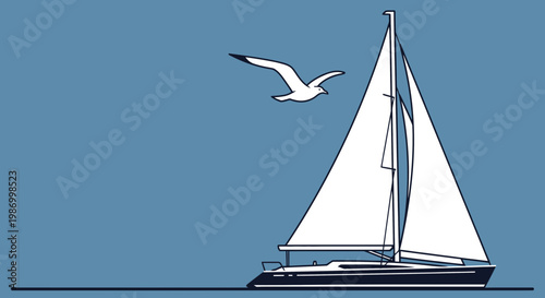 Sailing Yacht Gliding Gracefully Accompanied By A Soaring Seagull