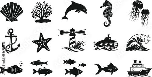 Marine ocean silhouette icons collection featuring dolphin seahorse jellyfish lighthouse submarine anchor fish wave nautical vector illustration set