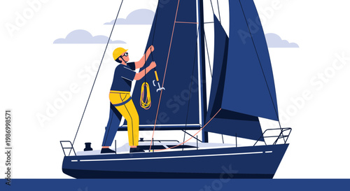Sailor Adjusting Rigging On Blue Sailboat Modern Flat Illustration