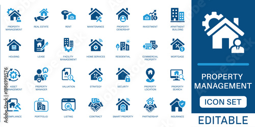 Property management icon set. featuring real estate investment, home maintenance, apartment rental, and facility management in blue flat design.