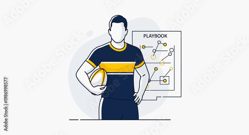 Rugby Coach Holding Ball And Playbook Strategy Graphic
