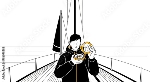 Sailor Navigating Open Waters With Golden Compass Adventure Journey