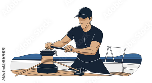 Sailor Maneuvering Winch On Boat Deck