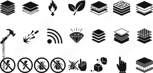 Material properties icon set layered structure fire resistance waterproof insulation industrial engineering feature symbol vector illustration collection