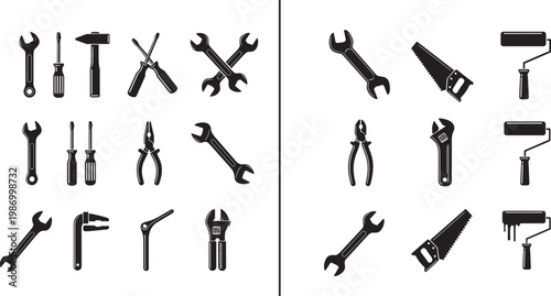 Comprehensive industrial hardware tool collection featuring hammer wrench screwdriver pliers saw and paint roller silhouettes cad drawing flat vector illustration for construction maintenance design.