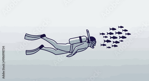 Scuba Diver Exploring Underwater World With School Of Fish Swimming Along