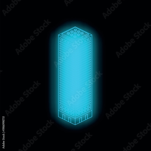 Neon blue skyscraper illuminating the night, viewed in isometric projection against a black background