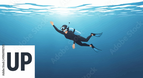 Scuba Diver Exploring Deep Blue Ocean Waters In A Calm Underwater Scene