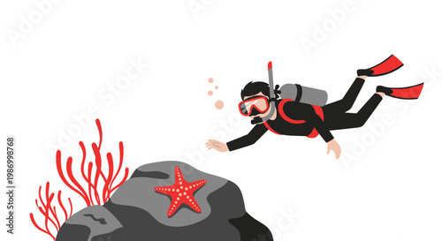 Scuba Diver Exploring Vibrant Coral Reef With Starfish And Marine Life