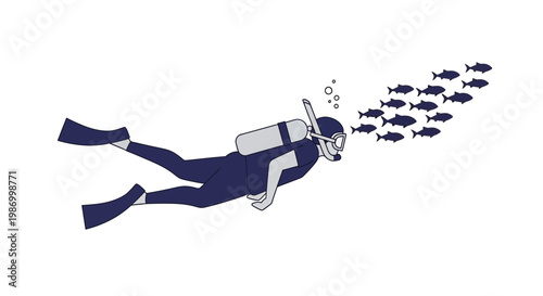 Scuba Diver Glides With School Of Fish Underwater Adventure