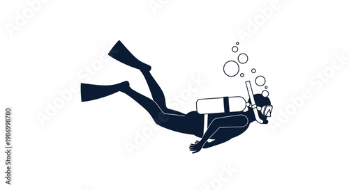 Scuba Diver Silhouette Ascending with Bubbles Underwater Adventure