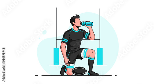 Rugby Player Hydrating After Intense Match Or Training Session
