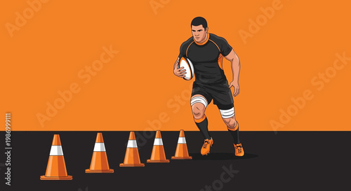 Rugby Player Practicing Drills And Agility Training With Cones