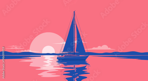 Serene Sailboat Silhouette Adrift During Vibrant Sunset Over Calm Waters