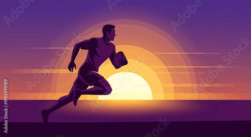 Rugby Player Silhouette Running Towards Sunset Sky