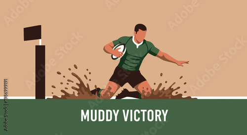 Rugby Player Scoring Try In Muddy Field During Game Action