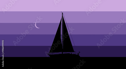 Serene Sailboat Silhouette Under Crescent Moon With Gradient Sky
