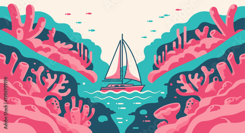 Serene Sailboat Voyage Through Vibrant Coral Reefs
