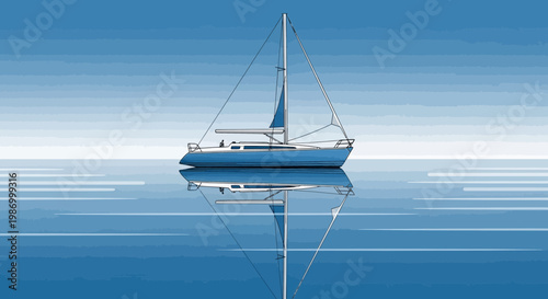 Serene Blue Sailboat Glides on Calm Ocean Waters