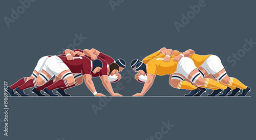 Rugby Players Engage in Intense Scrum During Match Action