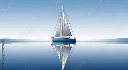 Serene Blue Sailboat Perfectly Mirrored on Calm Ocean Water