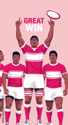 Rugby Players Celebrate Triumph With Championship Ball Held High