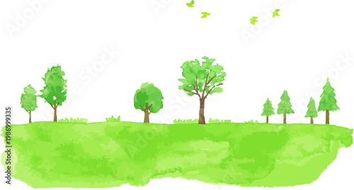 緑の木々と草原の風景　水彩イラスト