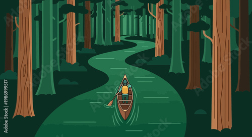 Serene Canoe Journey Through Dense Emerald Forest