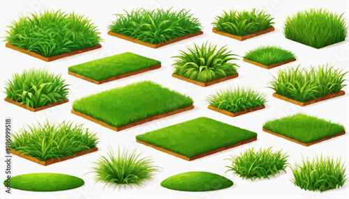 Lush green grass patches vector set, isolated on white background.
 