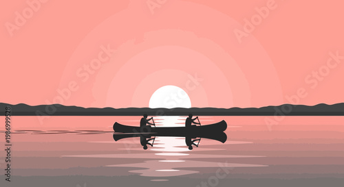 Serene Sunset Canoe Trip With Two Paddlers On Calm Water