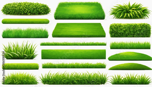Lush green grass patches vector set, isolated on white background.
 