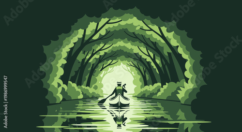 Serene Canoe Journey Through Lush Verdant Forest Canopy
