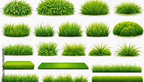 Lush green grass patches vector set, isolated on white background.
 