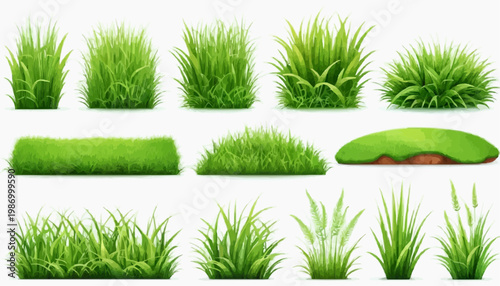 Lush green grass patches vector set, isolated on white background.
 