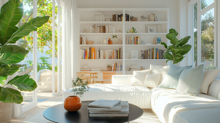 Bright living room with white sofa bookshelves and open patio doors zoom virtual meetings backgrounds backdrop