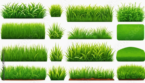 Lush green grass patches vector set, isolated on white background.
 