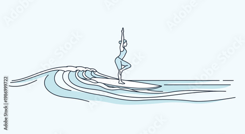 Serene Surfer Embodies Yoga Asanas Amidst Ocean Waves Artistic Minimalism