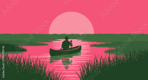 Serene Canoe Voyage Through Marshlands At Sunset