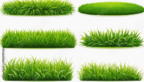 Lush green grass patches vector set, isolated on white background.
 
