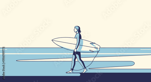 Serene Surfer Woman Walks Along Beach Horizon Line