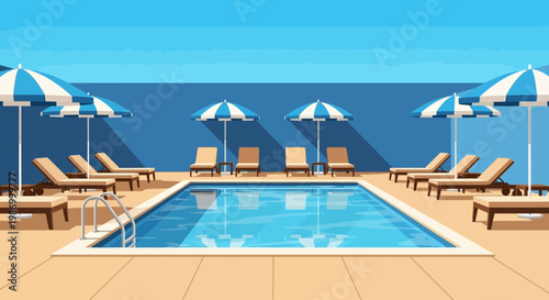Serene Swimming Pool Oasis With Lounge Chairs And Umbrellas Under Blue Sky