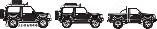 Off road vehicle set featuring 4x4 suv and pickup truck silhouettes with roof racks and spare tires cad drawing flat vector illustration for adventure.