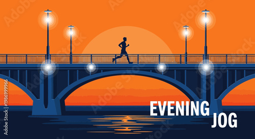 Runner On Bridge At Sunset With City Lights