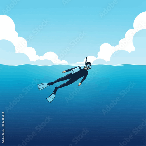 Serene Underwater Exploration With A Solitary Diver Amidst Vast Blue Ocean Waters