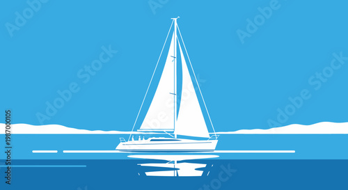 Serene White Sailboat Adrift On Blue Ocean Waters Under Clear Sky